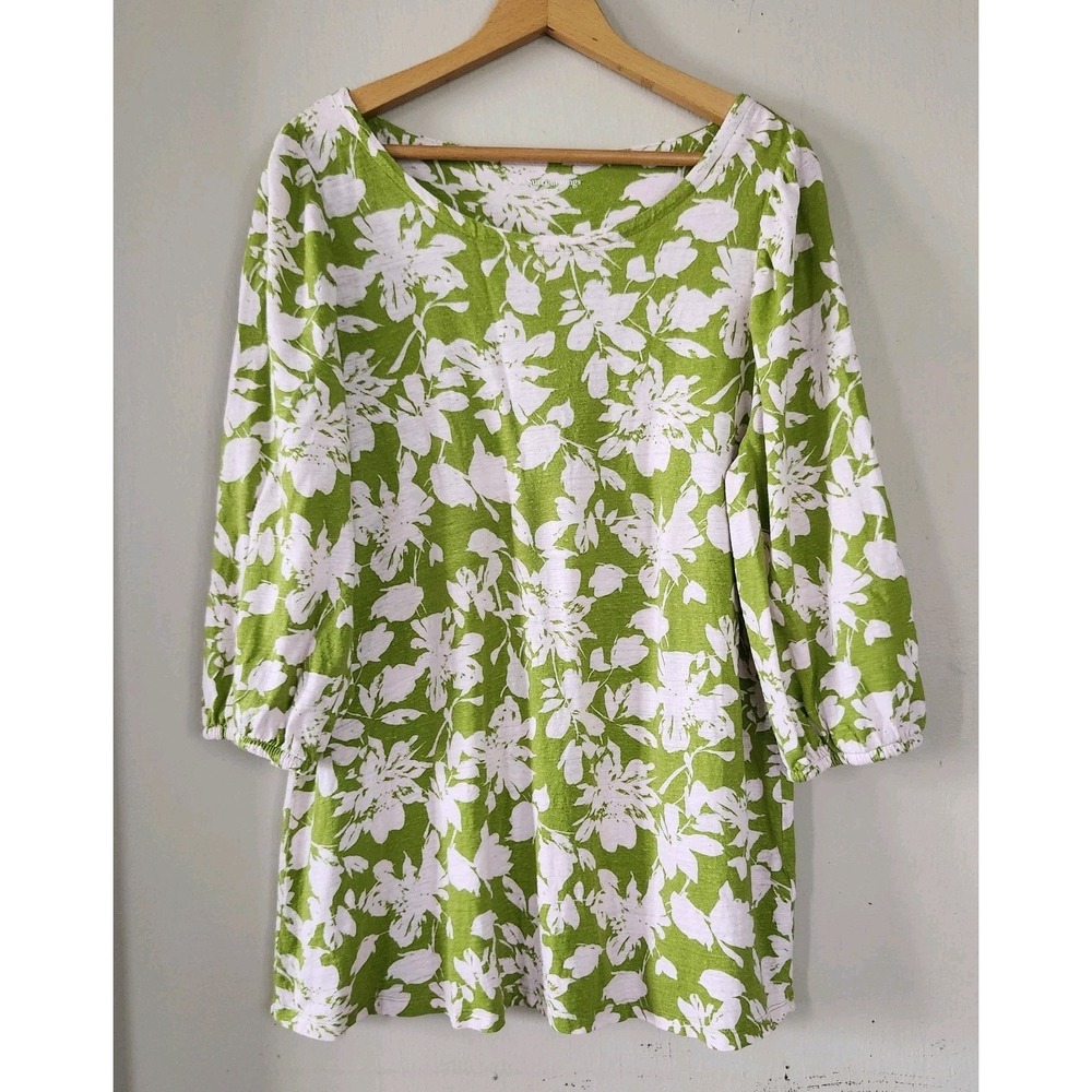 Soft Surroundings Womens 1X Green Pink Floral Scoop 3/4 Sl Shirt Top Linen Blend